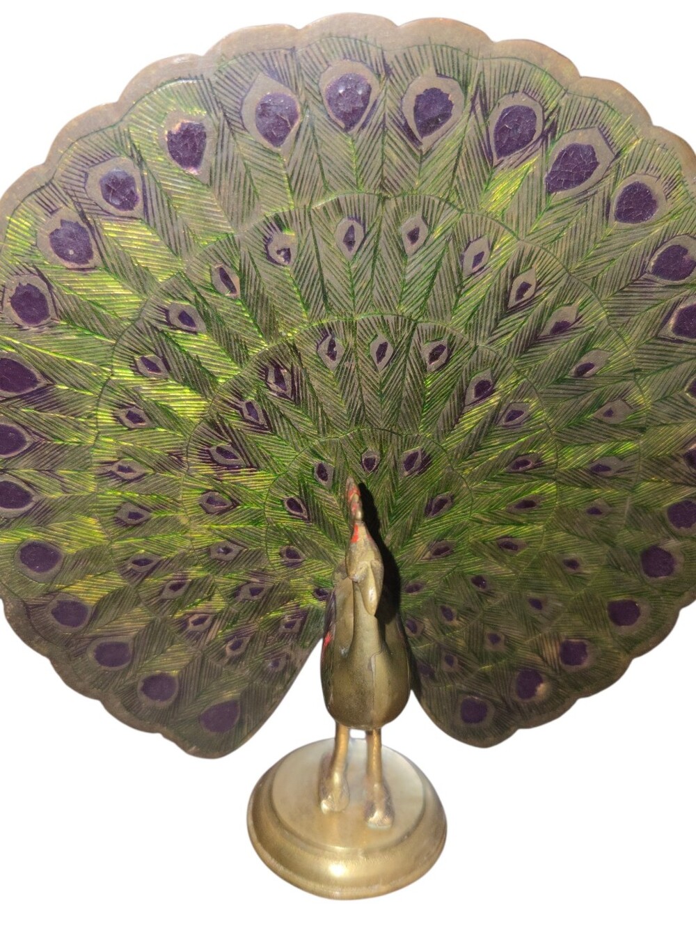 Vintage Brass Peacock Figurine Hand Painted Enamel Tail 6" Indian Folk Art